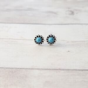 Turquoise Tone & Silver Tone Dainty Small Stud Earrings